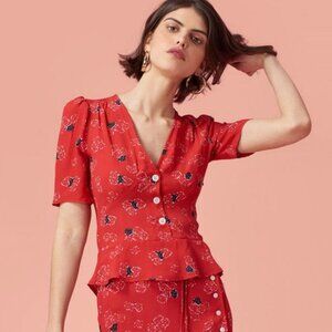 Rouje Momo Short-Sleeve Red Floral Top Blouse 36 S Jeanne Damas